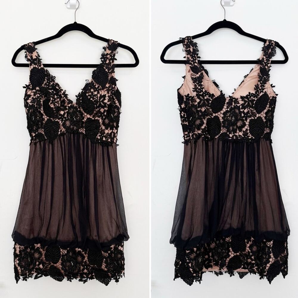 Jovani 90s Y2K Black Lace Babydoll Silk Chiffon Beaded Mini Dress